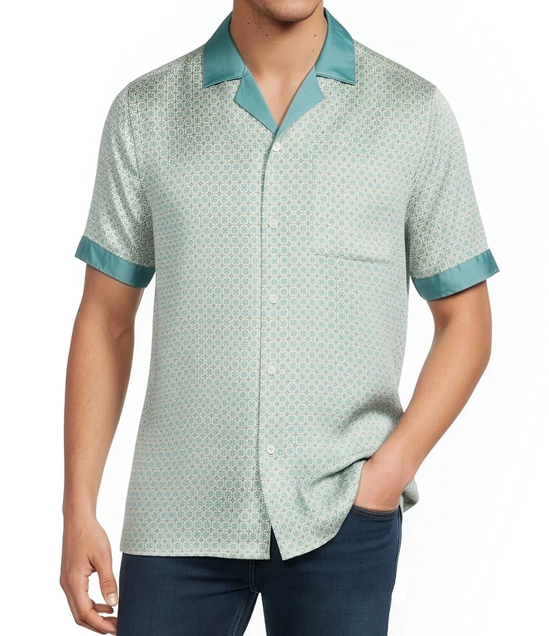Murano Palm Springs Collection Slim Fit Palm Print Short Sleeve Woven Camp Shirt