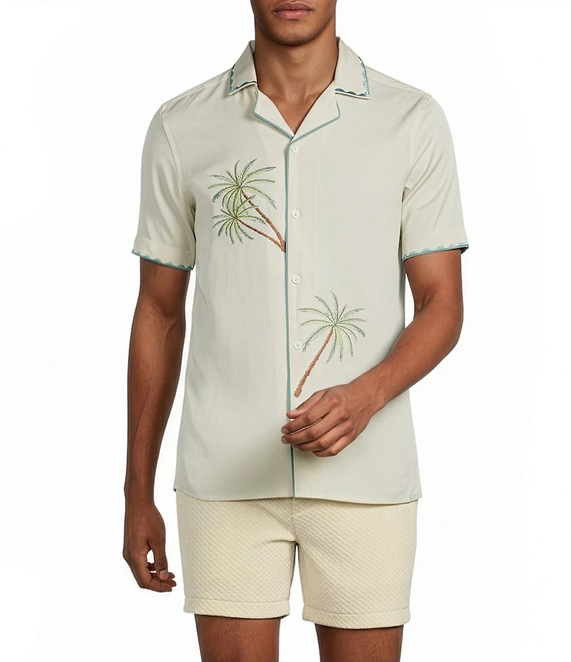 Murano Palm Springs Collection Slim Fit Palm Tree Embroidered Short Sleeve Woven Camp Shirt