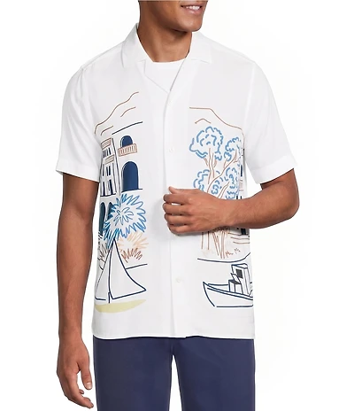 Murano Saronic Islands, Greece Collection Slim Fit City Print Short Sleeve Camp Shirt
