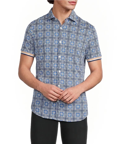 Murano Saronic Islands Greece Collection Slim Fit Geo Print Short Sleeve Button-Front Shirt