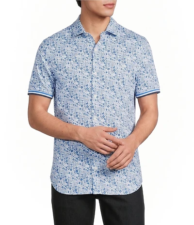 Murano Saronic Islands Greece Collection Slim Fit Greece Print Short Sleeve Button-Front Shirt