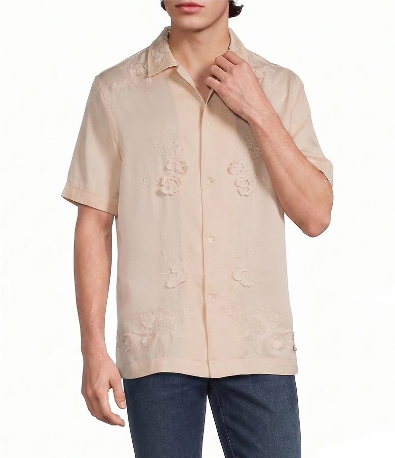 Murano Seville Collection Classic Fit 3D Embroidered Short Sleeve Woven Camp Shirt