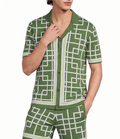 Murano Seville Collection Coordinating Geo Print Jacquard Short Sleeve Coat Front Shirt