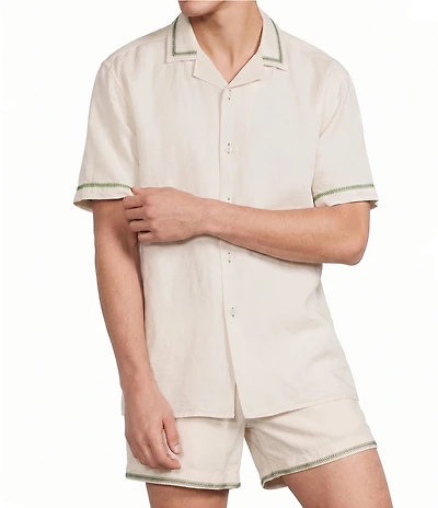 Murano Seville Collection Coordinating Linen Embroidery Short Sleeve Woven Camp Shirt