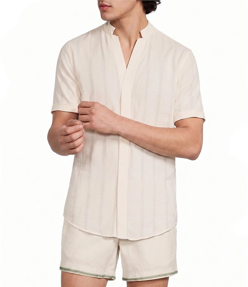 Murano Seville Collection Seersucker Stripe Mandarin Collar Short Sleeve Woven Shirt