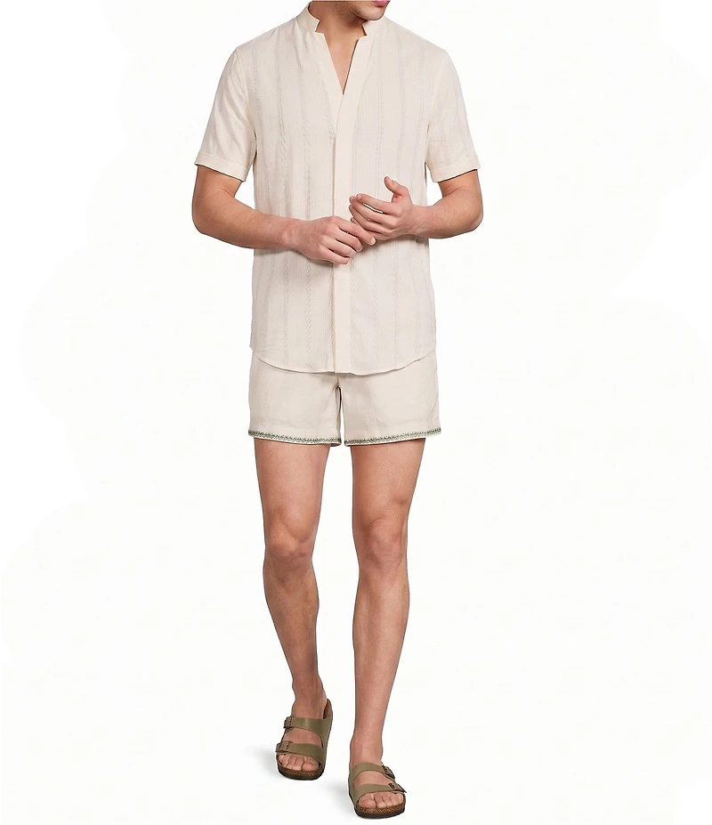 Murano Seville Collection Seersucker Stripe Mandarin Collar Short Sleeve Woven Shirt