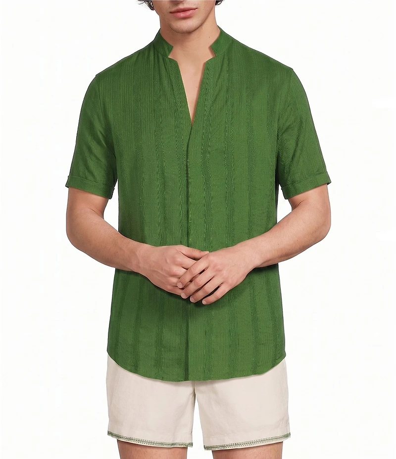 Murano Seville Collection Seersucker Stripe Mandarin Collar Short Sleeve Woven Shirt