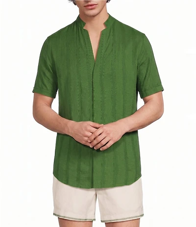 Murano Seville Collection Seersucker Stripe Mandarin Collar Short Sleeve Woven Shirt