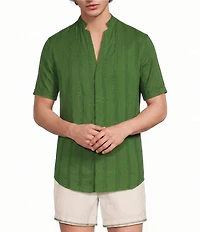 Murano Seville Collection Seersucker Stripe Mandarin Collar Short Sleeve Woven Shirt