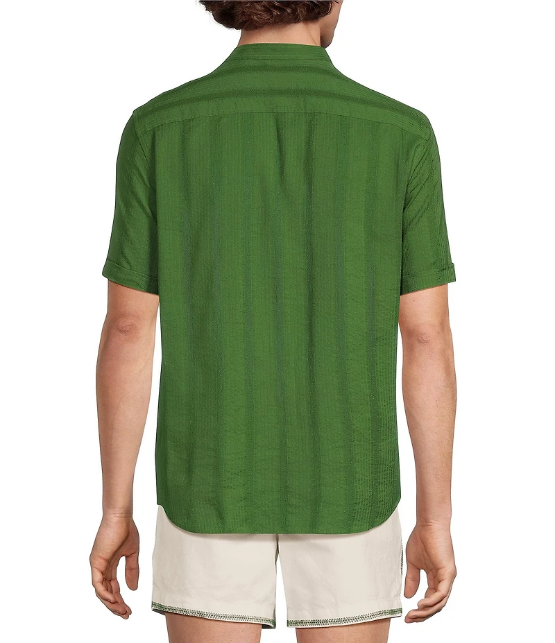 Murano Seville Collection Seersucker Stripe Mandarin Collar Short Sleeve Woven Shirt