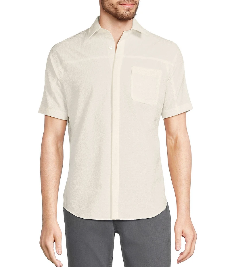 Murano Shape of Water Collection Slim Fit Pieced Seersucker Short Sleeve Woven Shirt