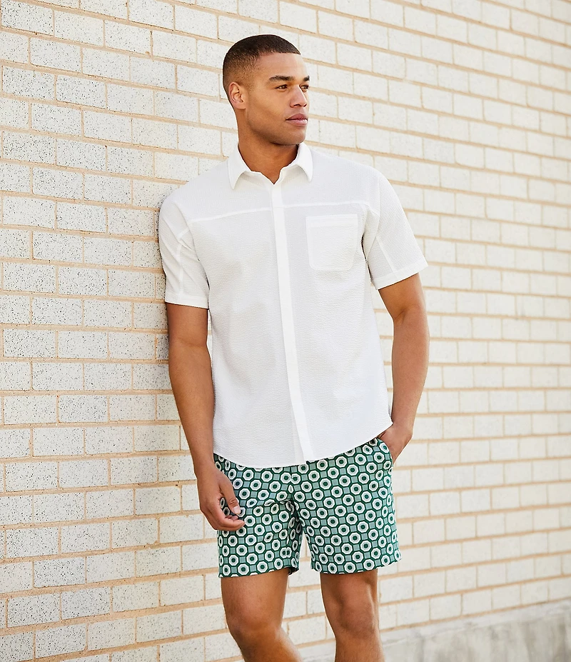 Murano Shape of Water Collection Slim Fit Pieced Seersucker Short Sleeve Woven Shirt