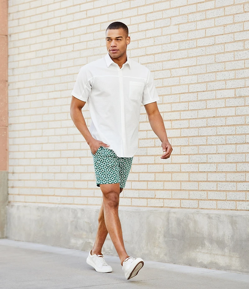Murano Shape of Water Collection Slim Fit Pieced Seersucker Short Sleeve Woven Shirt