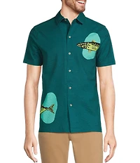 Murano Shape of Water Collection Slim Fit Placed Fish Print Seersucker Short Sleeve Convertible Camp Shirt