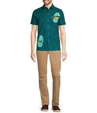 Murano Shape of Water Collection Slim Fit Placed Fish Print Seersucker Short Sleeve Convertible Camp Shirt