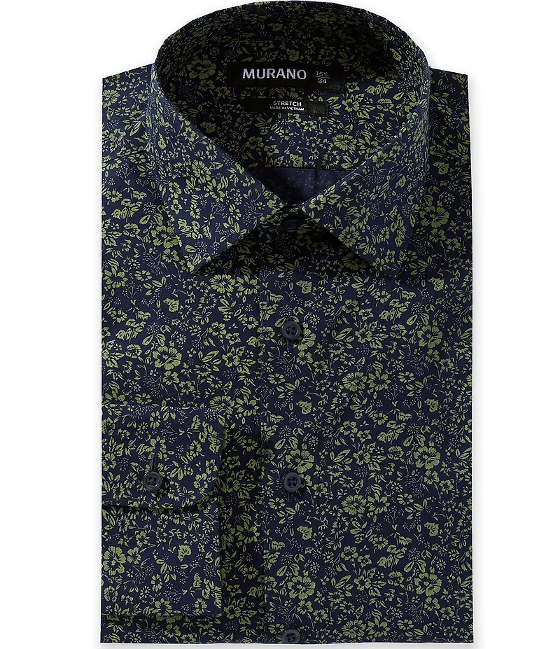 Murano Slim Fit Non-Iron Spread Collar Printed Poplin Dress Shirt