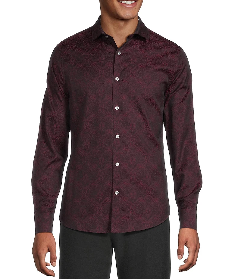 Murano Slim Fit Sating Jacquard Long Sleeve Woven Shirt