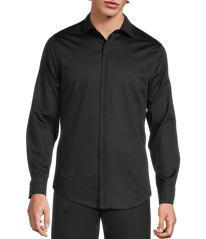 Murano Slim Fit Solid Sateen Pintuck Long Sleeve Woven Shirt