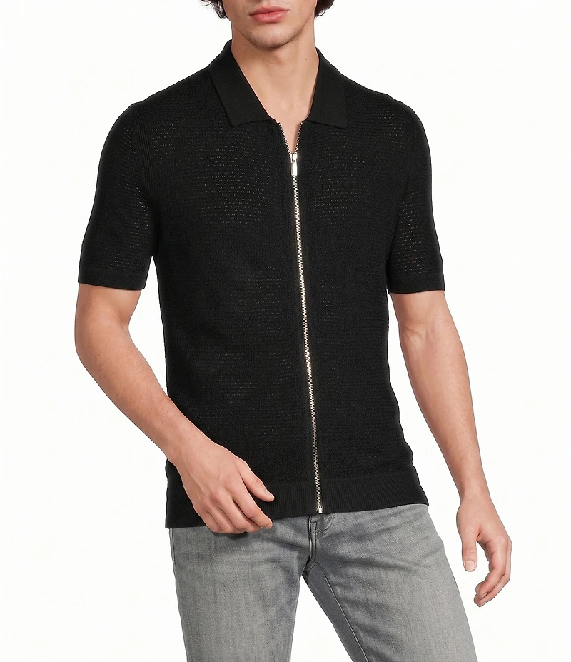 Murano Solid Full-Zip Short Sleeve Knit Coat Front Shirt