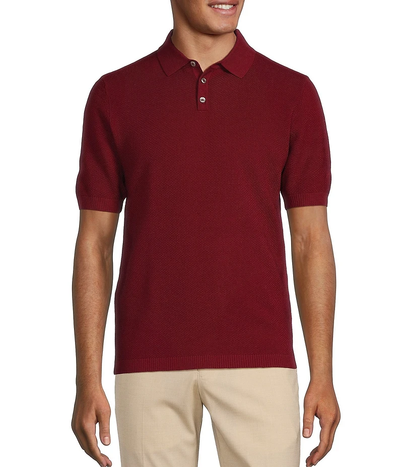 Murano Solid Textured Short Sleeve Knit Polo Sweater