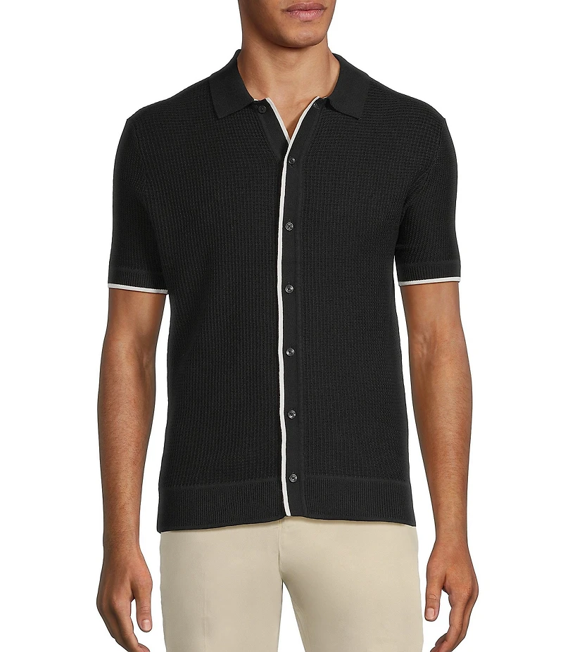 Murano Spread Collar Short Sleeve Sweater Knit Coat Front Shirt