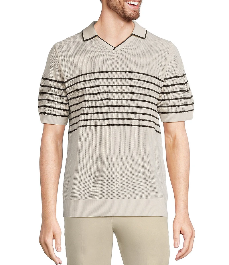 Murano Striped Johnny Collar Short Sleeve Sweater Knit Polo Shirt
