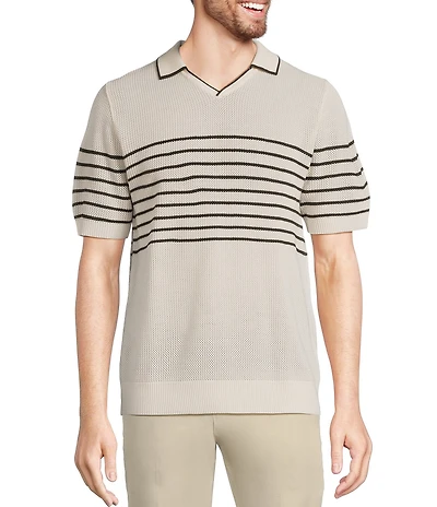 Murano Striped Johnny Collar Short Sleeve Sweater Knit Polo Shirt