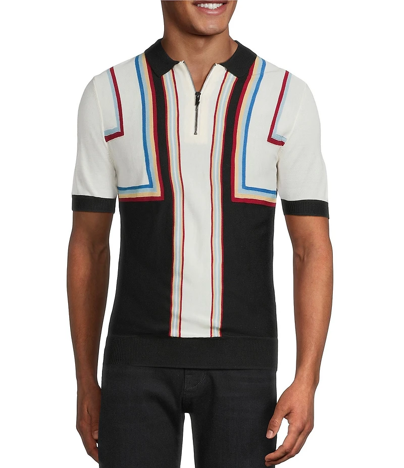 Murano Striped Snit Short Sleeve Zip Polo Shirt