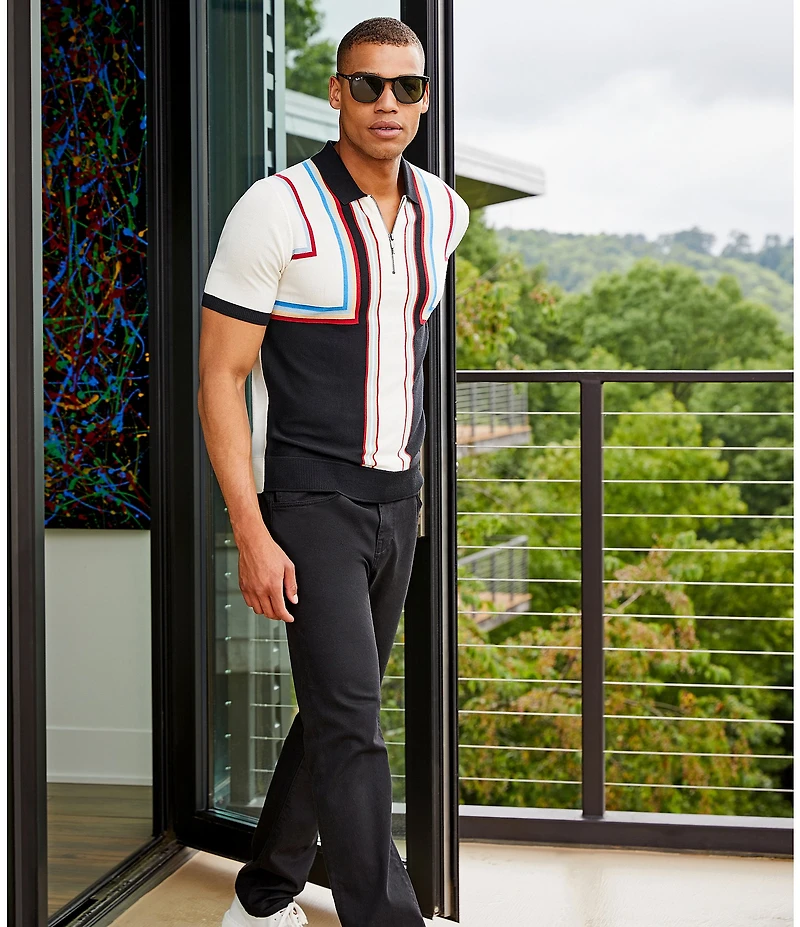 Murano Striped Snit Short Sleeve Zip Polo Shirt