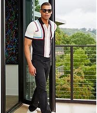 Murano Striped Snit Short Sleeve Zip Polo Shirt