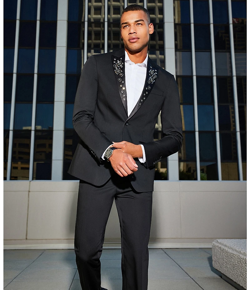 Murano The Holiday Edit Collection Slim Fit Spread Collar Tux Pieced Long Sleeve Woven Shirt