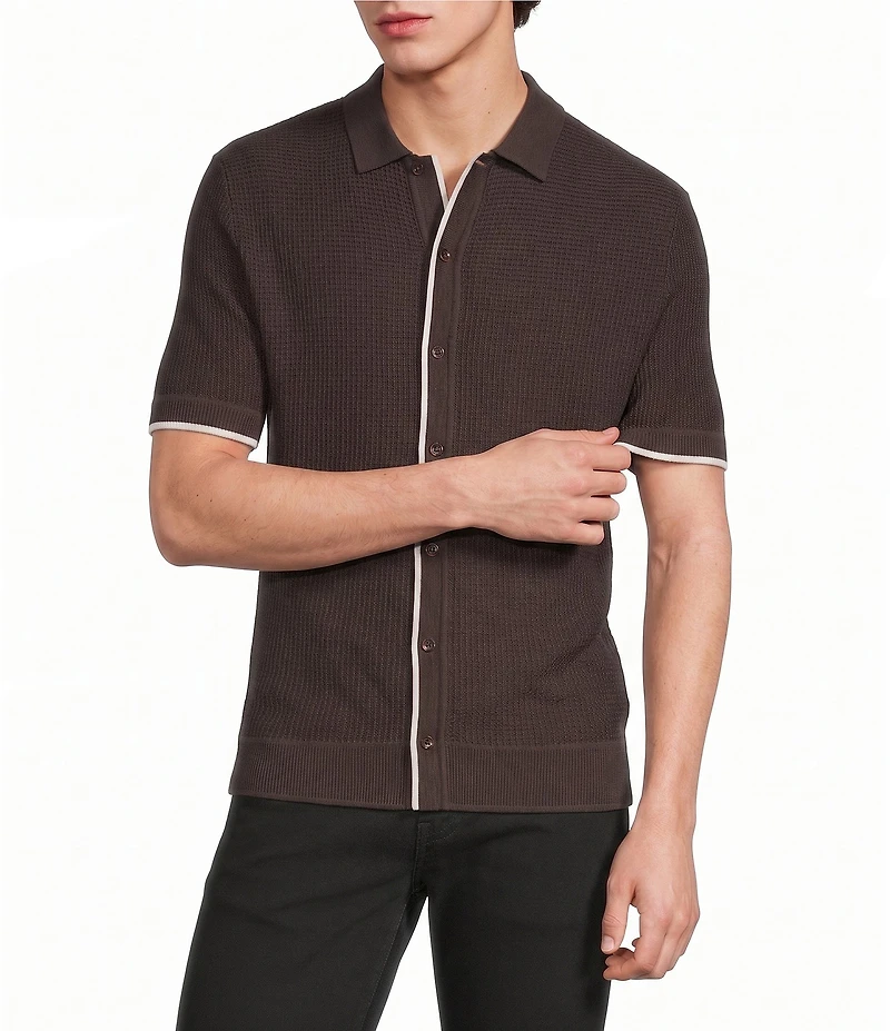Murano Tipped Sweater Knit Short Sleeve Coat Front Shirt