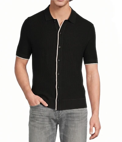 Murano Tipped Sweater Knit Short Sleeve Coat Front Shirt