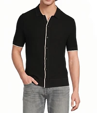 Murano Tipped Sweater Knit Short Sleeve Coat Front Shirt