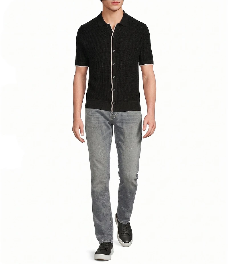 Murano Tipped Sweater Knit Short Sleeve Coat Front Shirt
