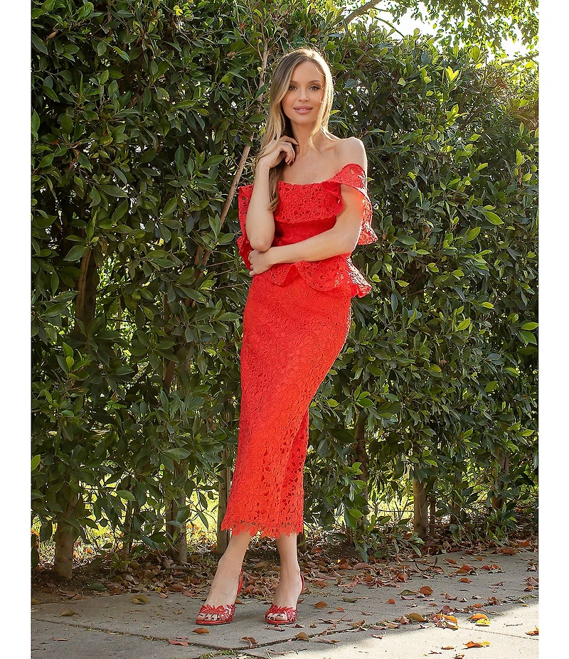 Muse by Marchesa Amaryllis Lace Off-The-Shoulder Midi Dress