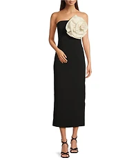 Muse by Marchesa Camelia Crepe Strapless Neck Sleeveless Rosette Bodycon Midi Dress