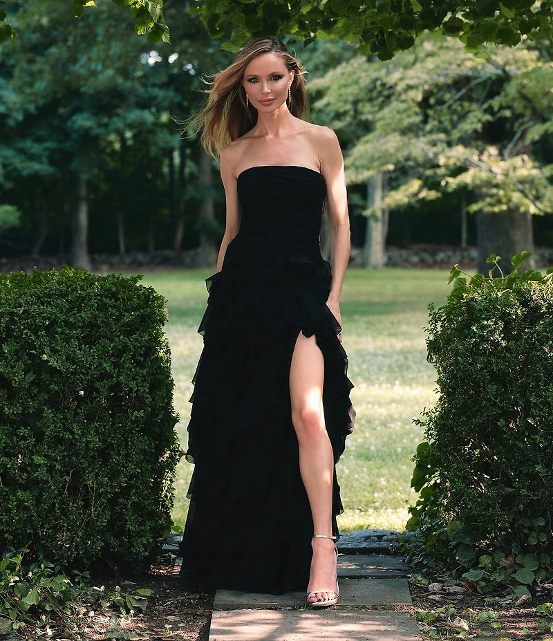 Muse by Marchesa Dahlia Chiffon Ruched Cascading Ruffle Strapless A-Line Maxi Dress