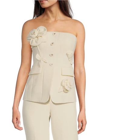 Muse by Marchesa Flora Stretch Crepe Applique Strapless Button-Up Vest