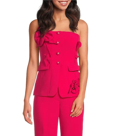Muse by Marchesa Flora Stretch Crepe Applique Strapless Button-Up Vest