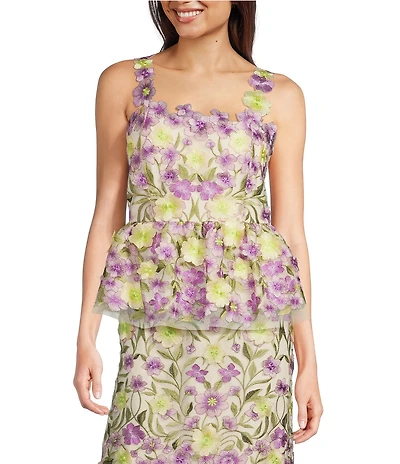 Muse by Marchesa Florian Floral Novelty Embroidered Strapless Neck Sleeveless Coordinating Peplum Top