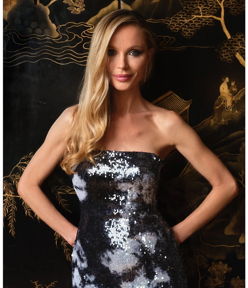 Muse by Marchesa Geranium Floral Sequin Strapless Sheath Flounce Gown
