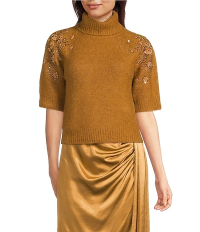 Muse by Marchesa Idra Beaded Short Sleeve Turtleneck Knit Sweater