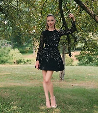 Muse by Marchesa Iris Schiffli Lace Floral Embroidered Round Neck Long Sleeve Fit and Flare Mini Dress