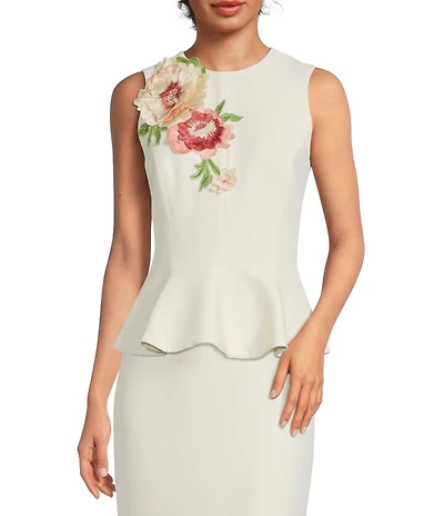 Muse by Marchesa Myrtle Stretch Crepe Floral Applique Sleeveless Peplum Coordinating Blouse