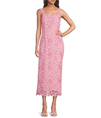 Muse by Marchesa Oleander 3D Floral Lace Square Neck Sleeveless Midi Dress