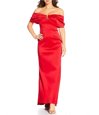Muse by Marchesa Pansy Off-The-Shoulder Sweetheart Neckline Cap Sleeve Stretch Mikado Maxi Dress
