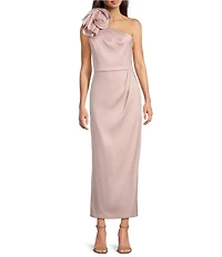 Muse by Marchesa Rhoda Luxe Satin One Shoulder Neck Sleeveless Rosette Pencil Midi Dress