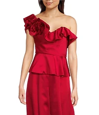 Muse by Marchesa Satin 3D Floral Carnation Ruched Sweetheart Neck Asymmetrical One Shoulder Peplum Coordinating Top