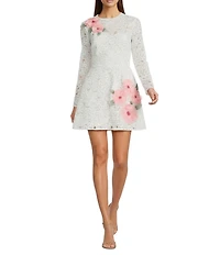 Muse by Marchesa Shay Lace Applique Crew Neck Bracelet Sleeve Mini Dress